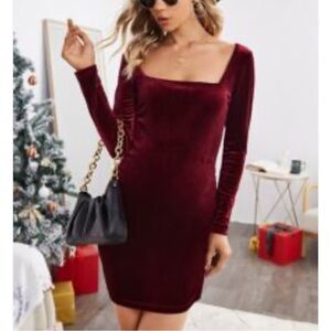 SHEIN Maternity Square Neck Burgundy Long Sleeve Velvet Dress